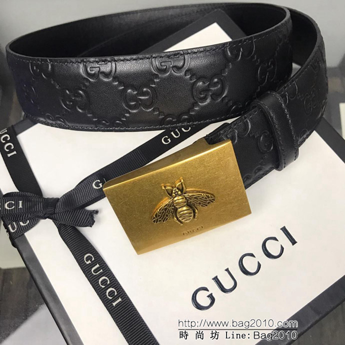 GUCCI古馳 官網新款 正品規格 原單品質 頭層小牛皮壓花 對版尖尾 復古蜜蜂板扣 男士皮帶  xfp1090